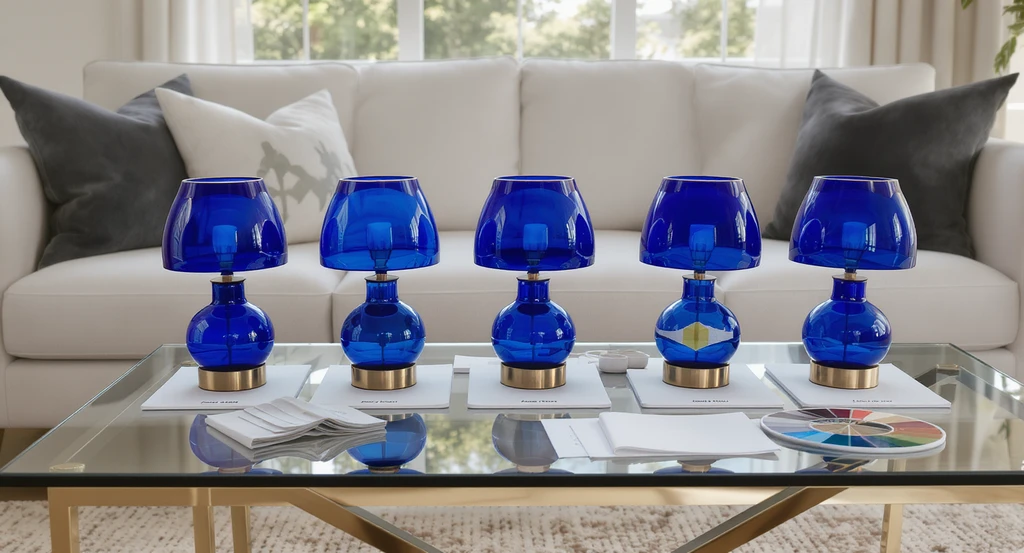 Five cobalt blue glass lamps with brass, gold, copper, black, and silver finishes displayed side by side on a table with sample boards, showing how to visualize metal finishes with cobalt blue glass and tools for imagining decor changes before buying.
