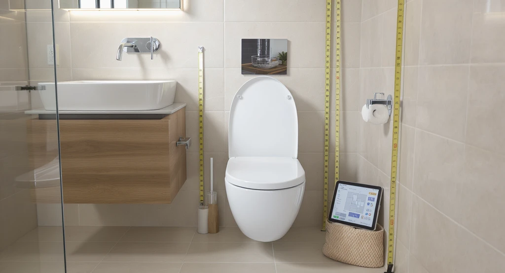 Modern bathroom showing a gap between toilet and wall, with tablet displaying ai bathroom layout measurement guide for virtual staging and optimizing toilet clearance.