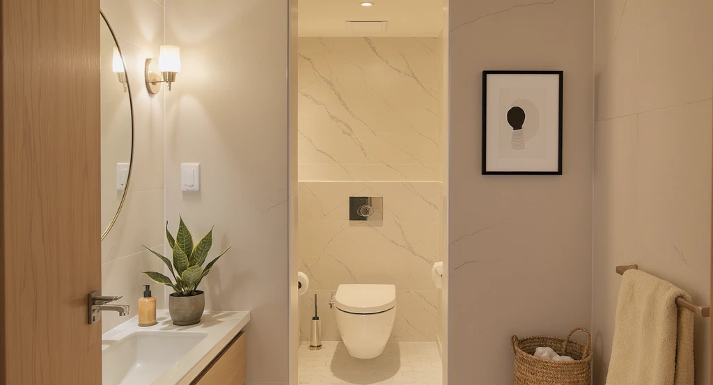 Photorealistic modern bathroom showing a toilet with a large gap from the wall, layered warm lighting, plant, and artwork for ai bathroom layout measurement guide and virtual staging solutions for bathroom gaps.
