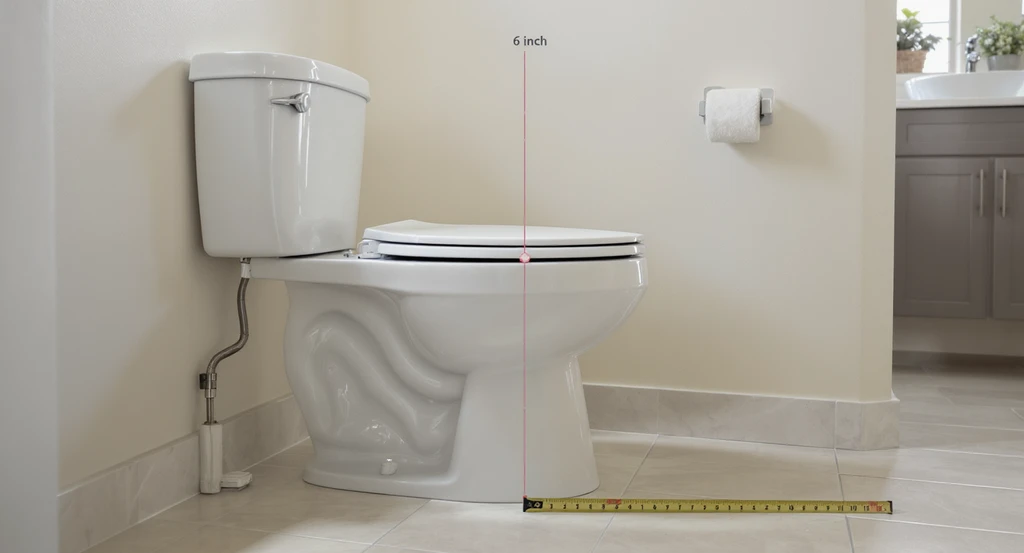 Modern bathroom with a toilet installed far from the wall, showing a visible gap and a tape measure. Highlights ai bathroom layout measurement guide and optimizing toilet clearance with ai tools for fixture alignment.