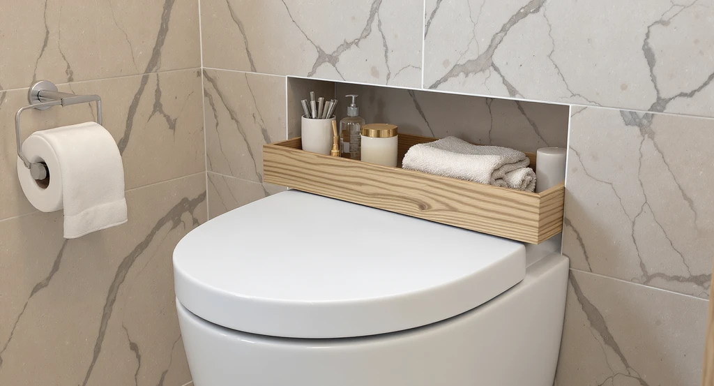 Custom slim shelving fills the gap between a toilet and wall, illustrating how ai bathroom layout measurement guide and virtual staging solutions help maximize storage and toilet clearance.
