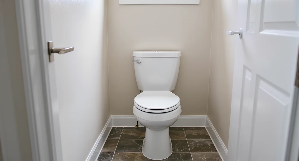 Modern bathroom with a newly built out wall behind the toilet, aligned with other fixtures to reduce the gap, showing fixture alignment design principle AI.