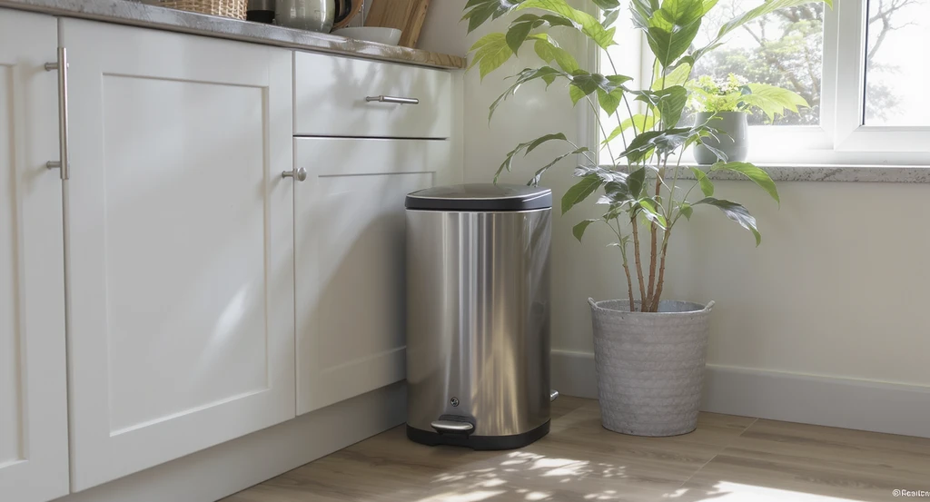 Slim kitchen trash can placed discreetly beside a cabinet in a small apartment kitchen, partially hidden by a plant. Shows best placement for where to put trash can in small kitchen, kitchen trash can placement ideas, and mistakes to avoid with kitchen trash placement.
