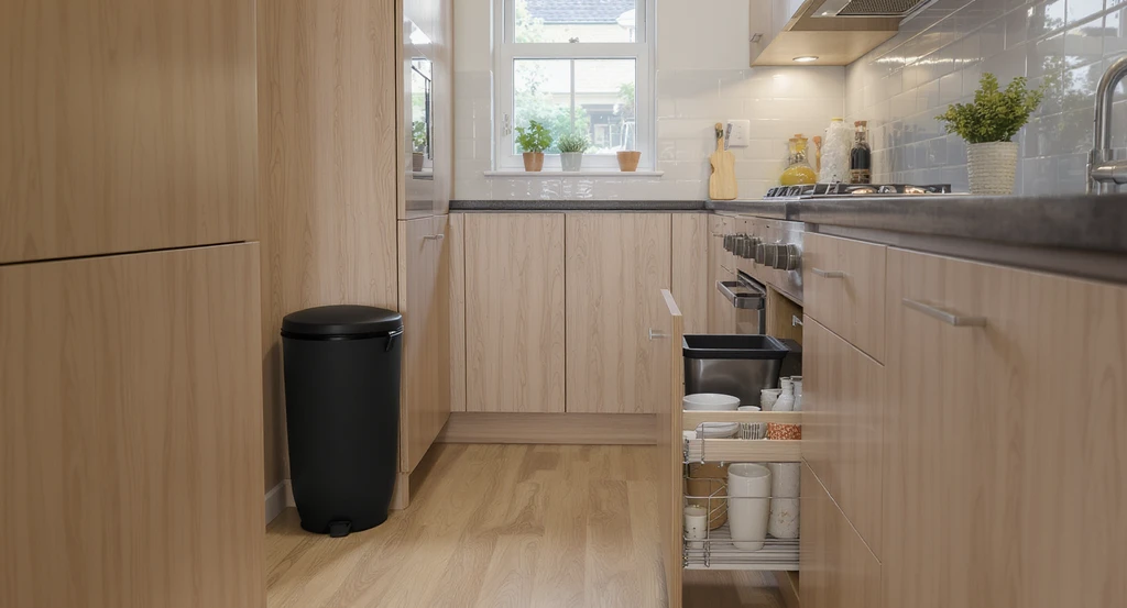 Galley kitchen showing the difference between a bulky round trash bin taking up space and a slim rectangular trash can fitting neatly near cabinets. Best slim trash cans for small kitchens. Where to put trash can in small kitchen. Kitchen trash can placement ideas. Mistakes to avoid with kitchen trash placement. How to hide trash can in apartment kitchen.