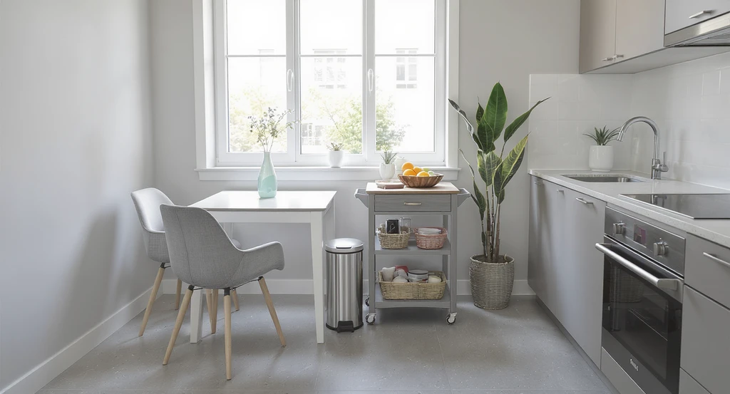 Small kitchen showing smart trash can placement ideas: slim trash can sits away from dining area, separated by a cart, highlighting mistakes to avoid with kitchen trash placement.