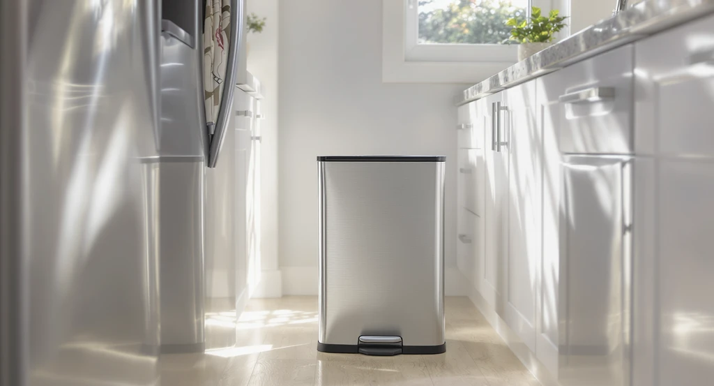 Small modern apartment kitchen showing best slim trash can placement ideas—bin positioned flush to cabinetry, ensuring 24–30 inch clearance so appliance doors open fully. Where to put trash can in small kitchen, how to hide trash can in apartment kitchen, mistakes to avoid with kitchen trash placement.