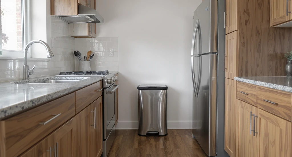 Modern small kitchen showing a slim trash can placed in a walkway, illustrating common mistakes to avoid with kitchen trash can placement in small kitchens.