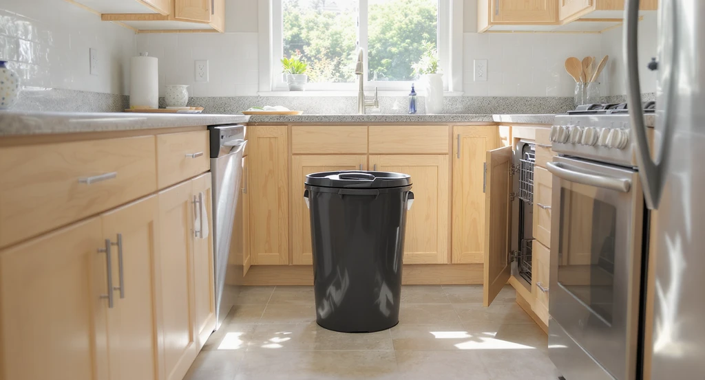 Realistic small kitchen with a trash can poorly placed in a high-traffic area, illustrating mistakes to avoid with kitchen trash placement in apartments.