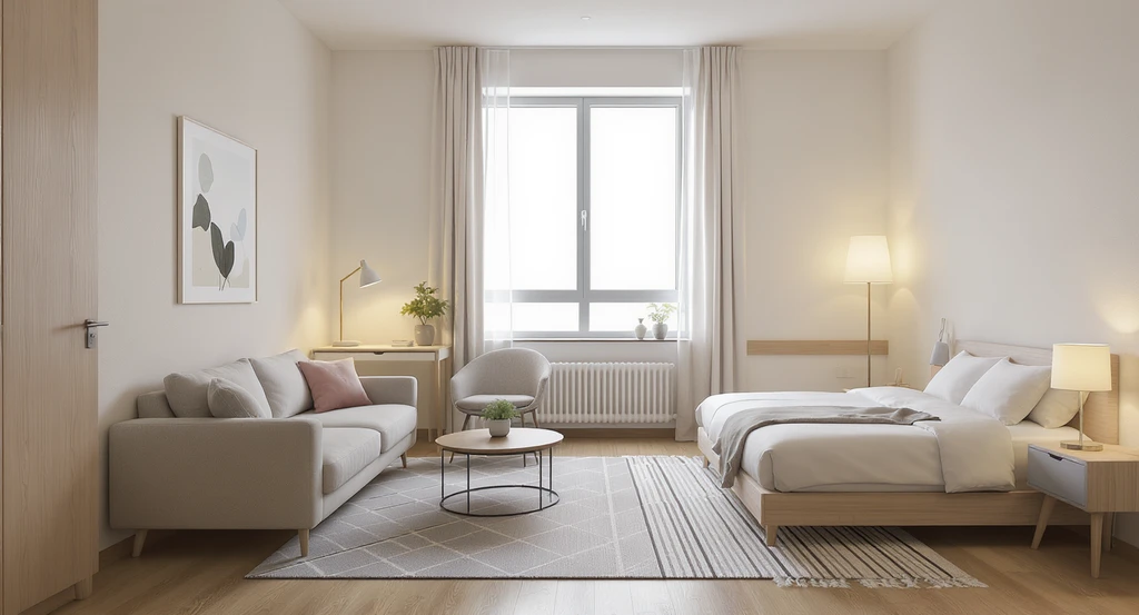 Photo-realistic ai small room design idea featuring three functional zones—lounging, working, sleeping—with clear walkways, perfect for virtual staging for multifunctional spaces and ai visualization for maximizing small spaces.