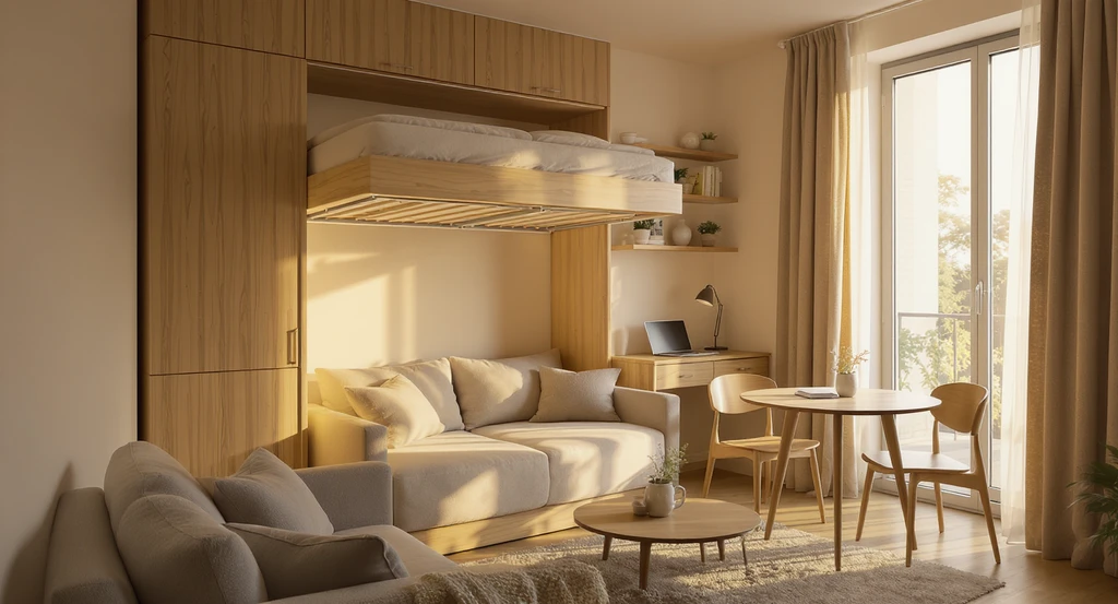 Photorealistic small multifunctional room layout generated using ai small room design ideas and best ai tools for room optimization, featuring virtual staging for multifunctional spaces to demonstrate ai visualization for maximizing small spaces.