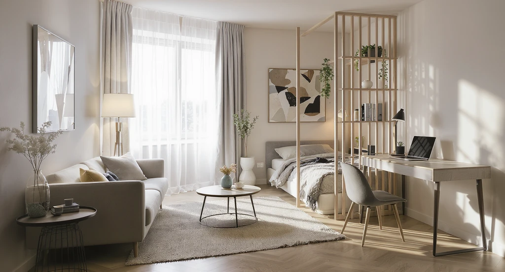 Editorial, photorealistic small room visually divided into lounge, work, and sleep zones. Example of ai small room design ideas and best ai tools for room optimization for multifunctional spaces.