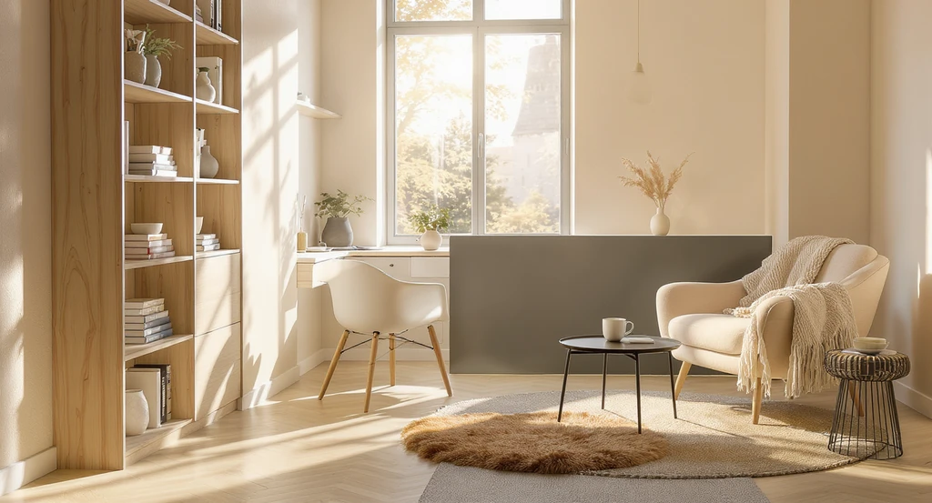 A small room uses ai small room design ideas and best ai tools for room optimization, with a window-side desk separated by a bookshelf from a cozy lounge nook, exemplifying virtual staging for multifunctional spaces and ai visualization for maximizing small spaces.