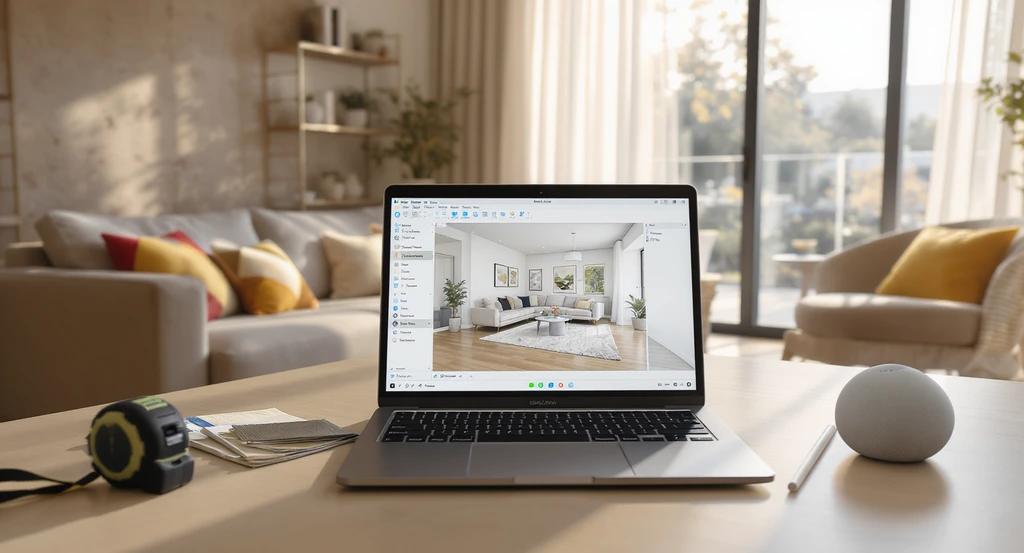 Modern living room with laptop displaying AI-powered home renovation workflow guide, real furniture visualization, and prompt engineering tips for AI interior design.