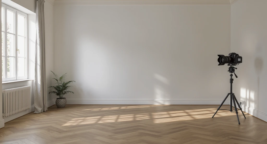 Digitally cleared living room photographed with a DSLR on tripod, illustrating ai-powered home renovation workflow guide and how to digitize your space for ai design with prompt engineering tips for ai home visualization.