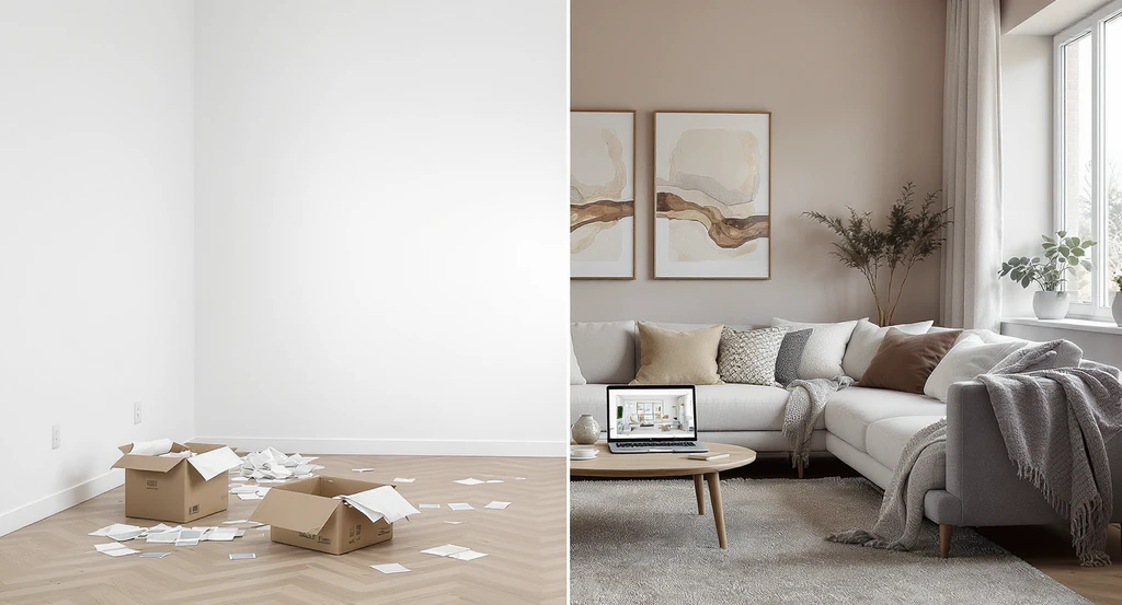 Photorealistic modern living room split into undecorated and AI-visualized halves, demonstrating ai-powered home renovation workflow guide and avoiding common ai interior design mistakes with prompt engineering tips for ai home visualization.