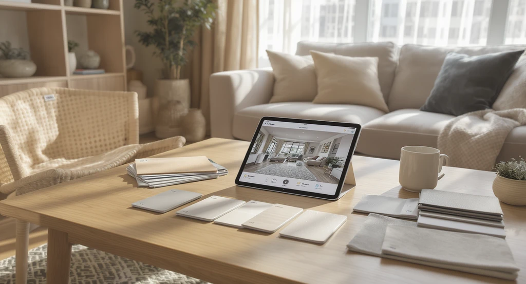 Photorealistic modern living room with a tablet showing ai-powered home renovation workflow, digitizing your space for ai design, and real furniture purchase options, demonstrating prompt engineering tips and how to avoid common ai interior design mistakes.