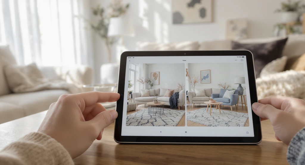 Scandinavian living room using ai home design with shoppable products; reference photos on tablet show virtual staging with real products, highlighting the benefits of ai-generated shopping lists for home decor and choosing ai tools for personalized room makeovers.