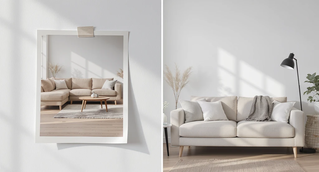 Scandinavian-style living room showing a split view: left uses a reference photo for ai home design, right displays real shoppable products like a beige sectional and tripod lamp for virtual staging with ai-generated shopping lists.