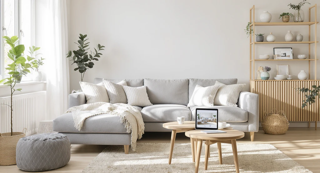 Scandinavian living room transformed with ai home design, showing shoppable real products, reference photos, and ai-generated decor shopping lists.