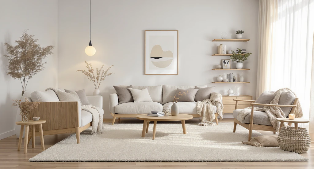 Ultra-realistic Scandinavian living room using ai home design with shoppable products, featuring layered rugs, throws, and side-by-side art previews for virtual staging with real products for scandinavian style personalization.