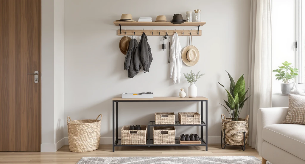 Entryway and living room with three-layer storage: hooks and shelf at eye level, bin and tray at waist height, baskets and shoe rack on floor, demonstrating ai-powered home upgrade ideas and best ai room design platforms for improved home functionality.