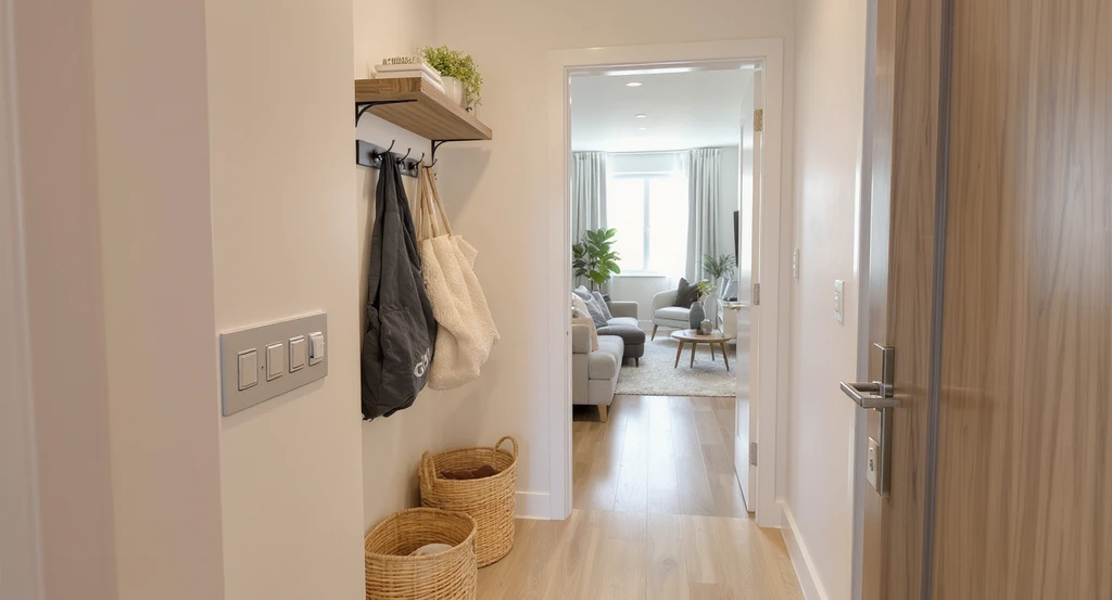 Ultra-realistic apartment entryway scene demonstrating ai-powered home upgrade ideas with upgraded lighting, entry storage, clear furniture flow, and new hardware for improved home functionality using AI interior design decision frameworks.
