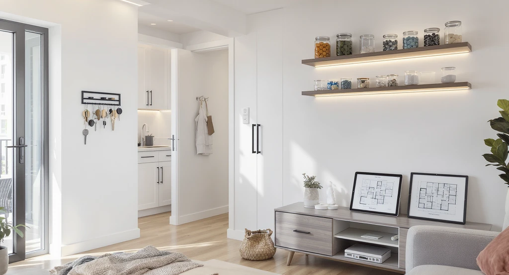 Modern apartment living room showing ai-powered home upgrade ideas and how ai interior design decision frameworks improve home functionality, with visible smart storage, lighting, new hardware, and a digital room design app displayed on a tablet.