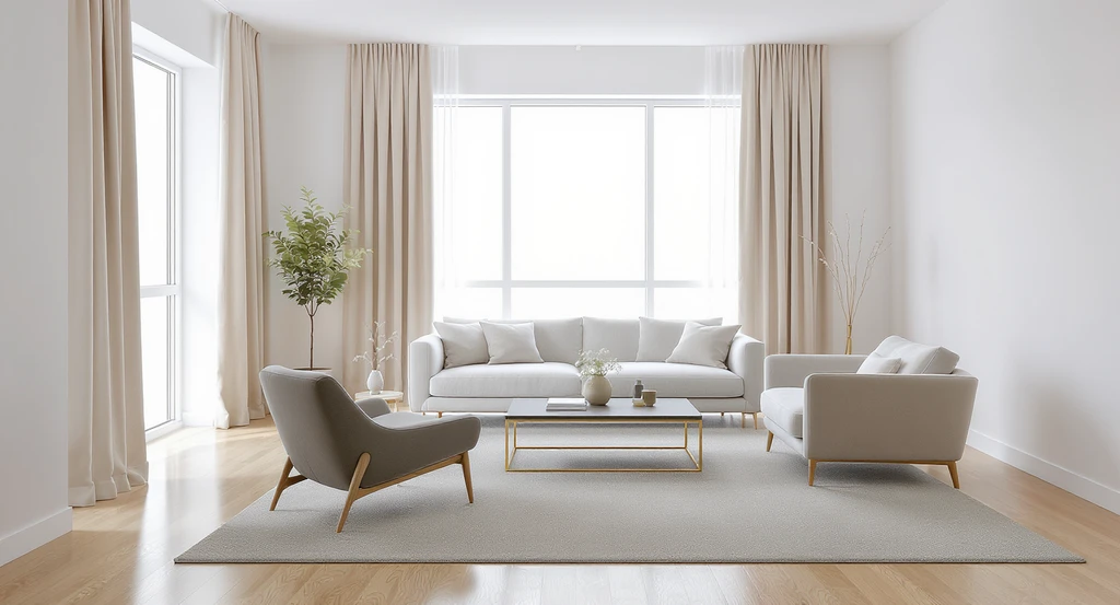 Photorealistic living room with an 8x10 rug positioned under all front furniture legs and curtains hung high and wide, demonstrating ai-powered home upgrade ideas and best ai room design platforms for improved home functionality.