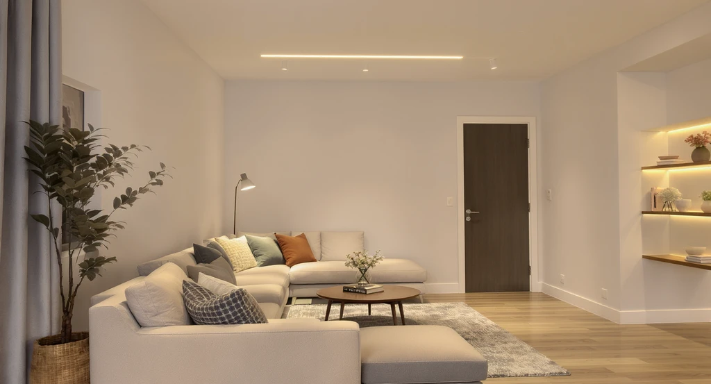 Ultra-realistic living room showing ai-powered home upgrade ideas: layered LED lighting with consistent warm color temperature, smart switch placement, and accent lights, as per best ai room design platforms and how ai improves home functionality frameworks.