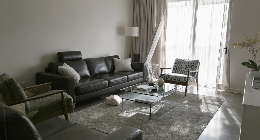 Overcrowded modern living room showing sofas and tables packed too close, blocking 30-inch pathways, illustrating ai-powered home upgrade ideas for functional layout corrections.