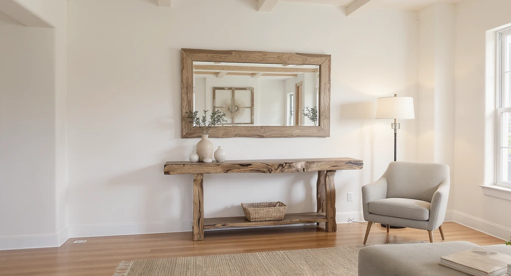Bright living room with creamy walls, wood floors, live-edge console, stone armchair, large rustic mirror, and natural accent lighting for ai-powered home decor shopping experience and real-time product visualization.