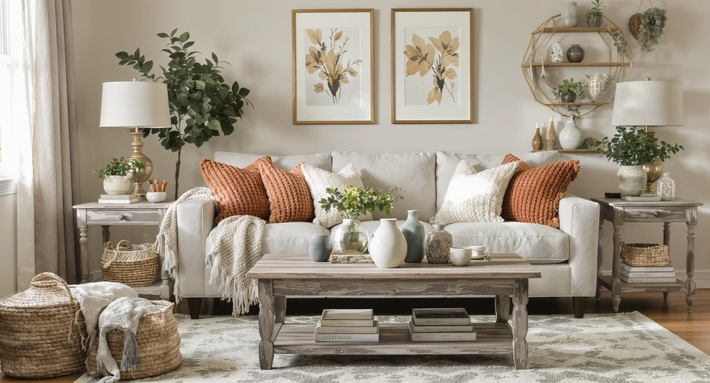 Rustic Pottery Barn-inspired living room makeover on a $300 budget, shoppable affordable decor, shown with ai-powered home decor shopping tools.
