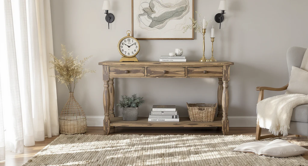 A rustic living room setup featuring a Pottery Barn style textured area rug, candle-style black metal wall sconces, and a styled console table with a vintage clock, representing a trustworthy AI-powered home decor shopping experience and real-time visualization of purchasable products for ai virtual staging tools online.