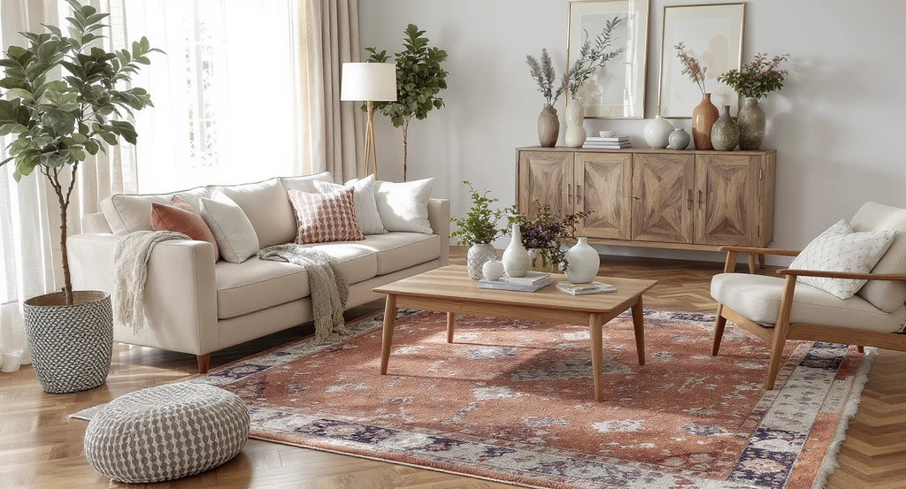 Photorealistic suburban living room shows how to use ai for room makeovers by visualizing real shoppable decor: a vintage rug, rustic sconces, and curated console styling—all updated with ai design tools on a budget.