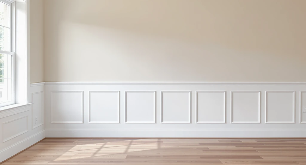 Photorealistic ai home design visualization showing wainscoting installed at one-third wall height, illustrating how ai tools enhance interior decorating and the impact of wainscoting in virtual room makeover paneling ai design renders.