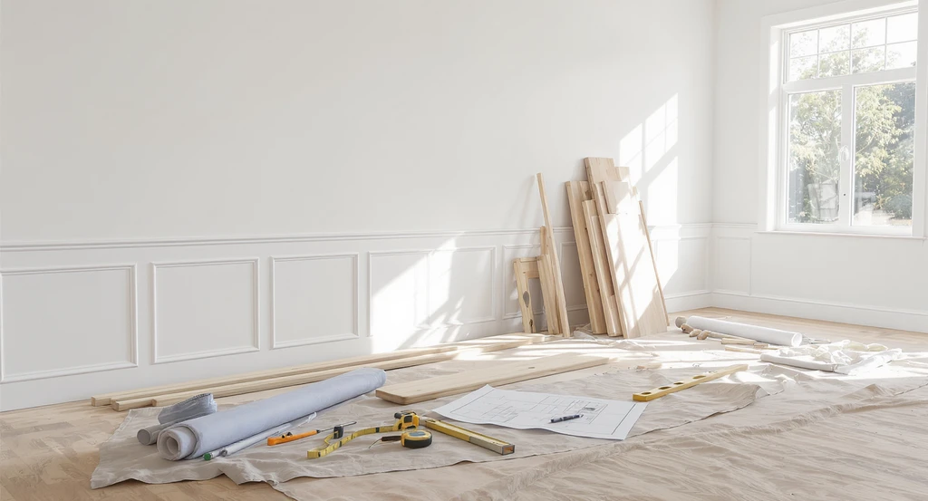 Photorealistic ai home design visualization with wainscoting tools and paneling boards arranged in a modern living room, showing a virtual room makeover and the impact of wainscoting in ai design renders.