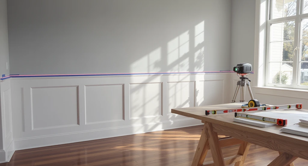 Editorial-quality ai home design visualization shows a realistic living room setup for wainscoting paneling, highlighting how ai tools enhance interior decorating and virtual room makeover. The image features layout tools, laser level, and panel placement, demonstrating the impact of wainscoting in ai design renders.