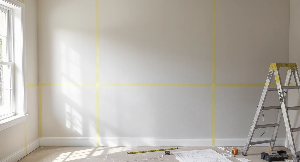 Ultra-realistic ai home design visualization with wainscoting: painter's tape marks panel divisions on a wall, aligned precisely with door and window trim, showing how ai tools enhance interior decorating and prevent errors in a virtual room makeover with paneling.
