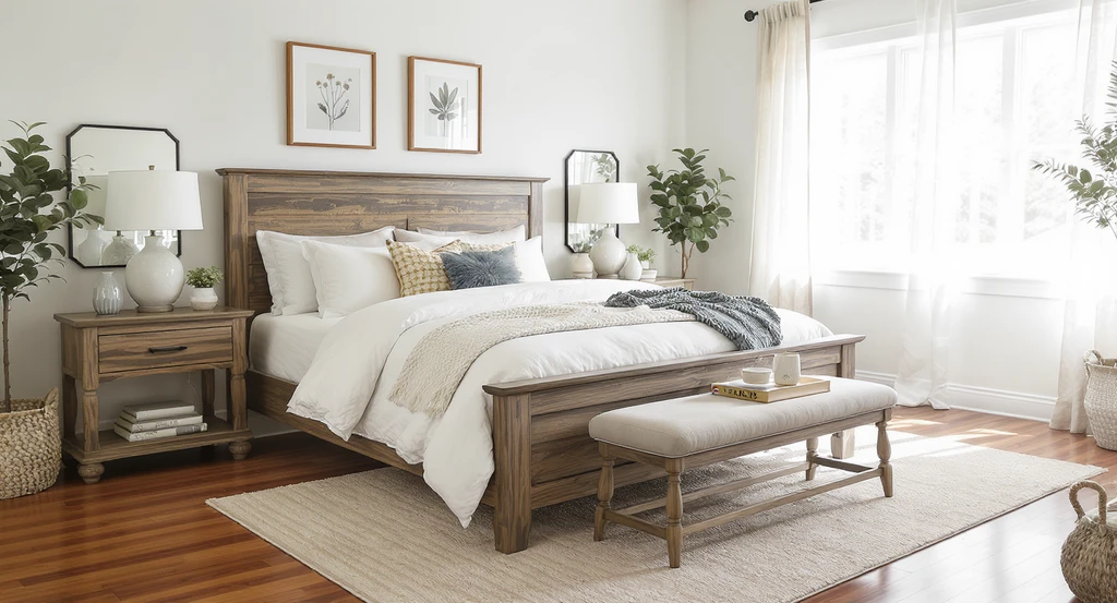 Photorealistic farmhouse bedroom staged with real, shoppable furniture chosen by an ai home design tool, showing how to use ai for bedroom makeover and style visualization.