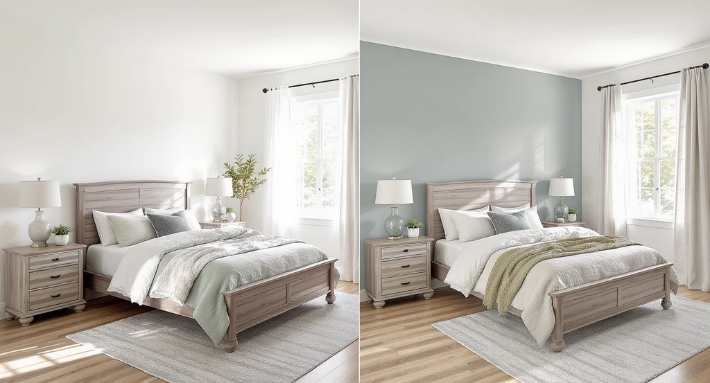 A farmhouse bedroom shown as an ai home design tool demo, illustrating a makeover with real, purchasable furniture, virtual staging, and side-by-side decor style comparisons, such as bedding swaps and curtain changes, using best ai virtual staging features in a sunlit room.
