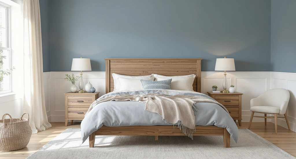 AI home design tool visualizes purchasable farmhouse bedroom furniture—wood beds, rugs, curtains—comparing styles and staging decor with best AI virtual staging features.
