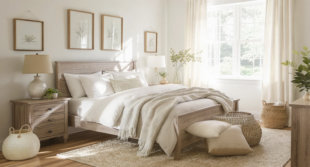 Photorealistic AI-rendered farmhouse bedroom makeover with real, purchasable products. Shows how to use ai home design tool for visualizing and comparing decor styles in an authentic, sunlit bedroom.