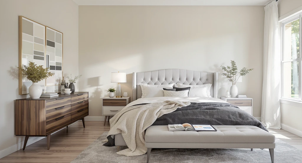 AI bedroom design in a real Frisco, Texas home, showcasing shoppable furniture, real paint swatches, and digital AI room makeover tools on display.