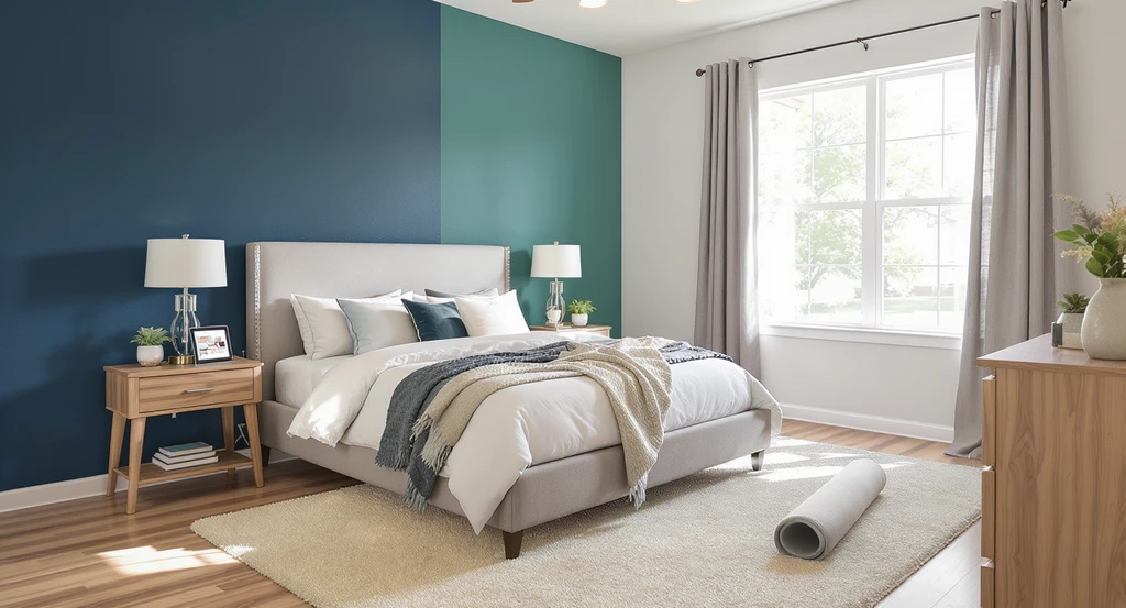 Photorealistic primary bedroom staged with real shoppable furniture, virtual paint color tests on walls, and a tablet showing ai home design mockups. This scene illustrates ai bedroom design with real shoppable products, how to use ai for room makeover, and virtual staging with purchasable furniture in a Frisco, Texas home.