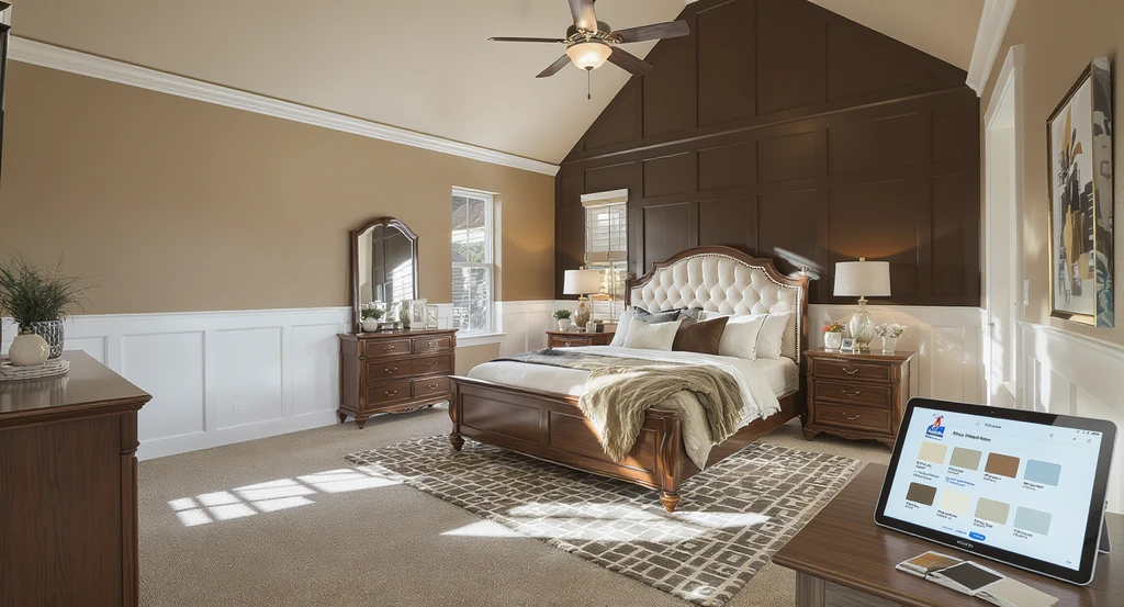 Photorealistic Frisco, Texas bedroom staged with real shoppable furniture, AI room makeover tablet, and real paint swatches for ai bedroom design trust.