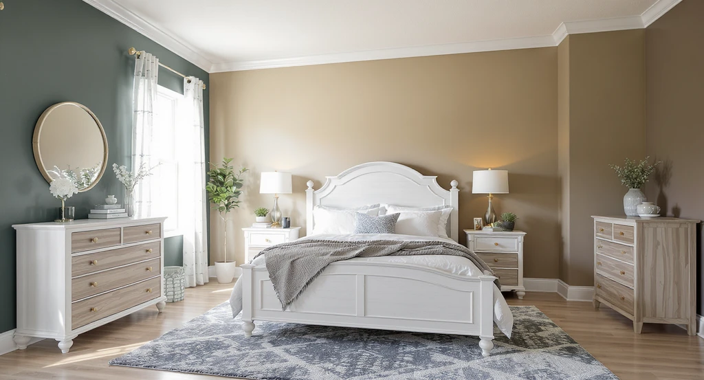 Editorial-style ai bedroom design staged with real shoppable furniture; ai home design software shows virtual paint and product options in a Frisco bedroom.