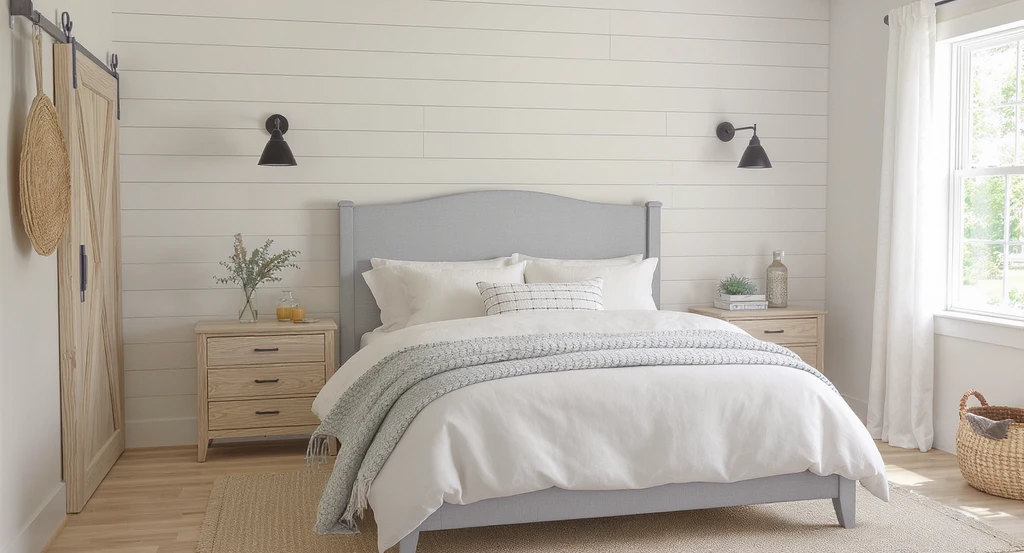Modern farmhouse bedroom staged with ai home design tools, showing shoppable real products under $2500, illustrating ai room makeover and customization.