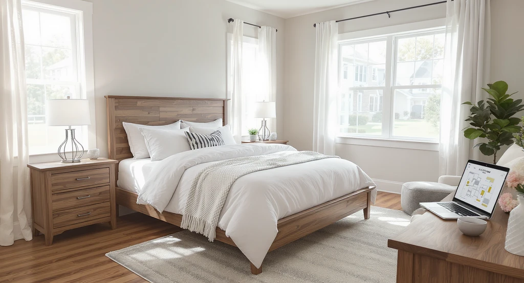 A sunlit, empty bedroom with hardwood floors and large windows, digitally staged using ai home design with real products and ai tools to visualize a modern farmhouse room makeover.