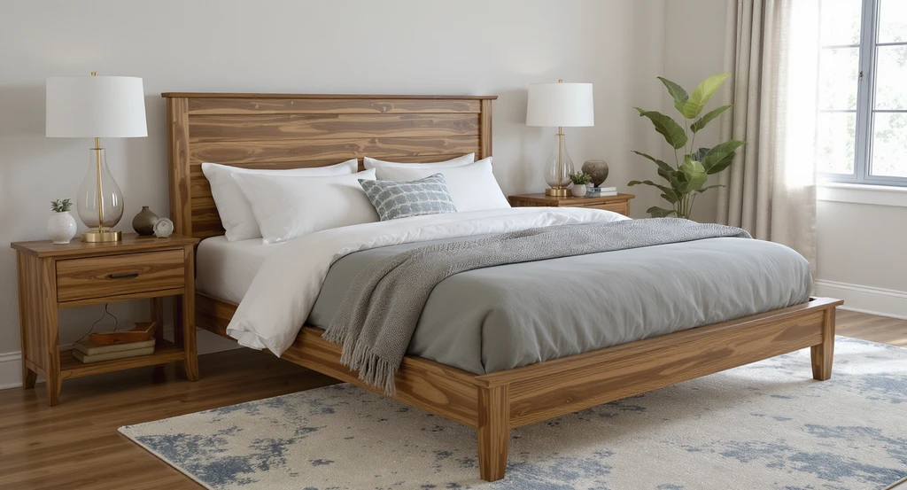 AI home design with real products: a modern farmhouse bedroom featuring a rustic wood bed, real solid wood nightstands, shoppable decor, and subtle vintage rug. Visualize rooms with AI tools for a cost-conscious makeover.