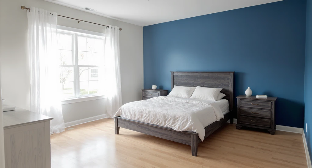 Empty modern cottage bedroom virtually staged with a queen bed and dressers, blue accent wall, natural light, shown using ai room makeover tools.